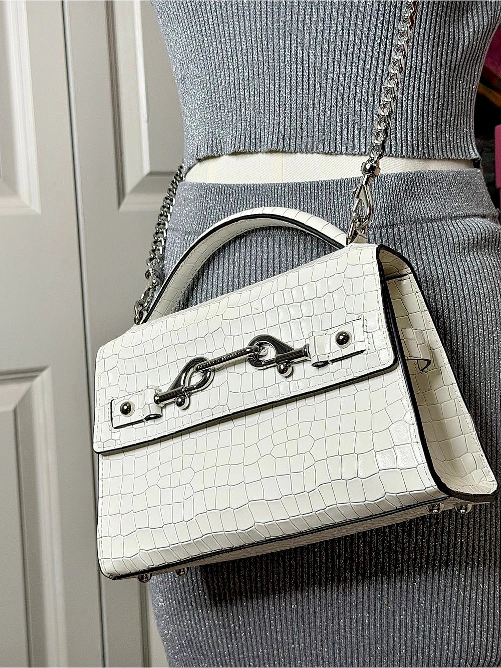 Rebecca Minkoff Lou Top Handle Croc Embossed Leather Crossbody Bag White